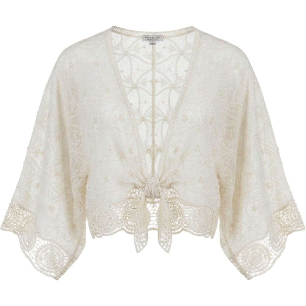 Rachel Zoe Cream Sheer Embroidered Mesh Tie Front Kimono Wrap Top One Size